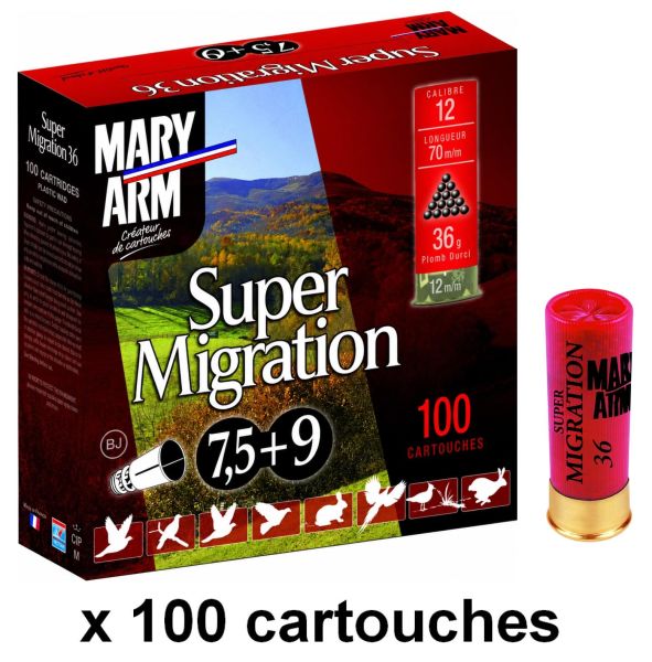 Cartouches MARY ARM SUPER MIGRATION cal.12/70 36gr - n°7,5+9 (Pack de 100)