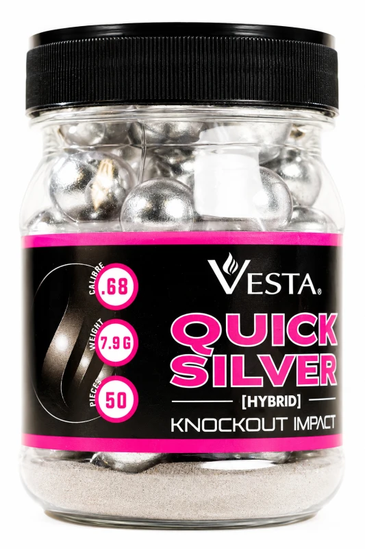 Boite de 50 Billes caoutchouc Noyau acier VESTA QUICKSILVER cal.68 (17mm) 7.9g