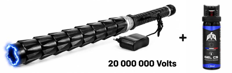 "Pack Défense" Matraque lampe Shocker PRAGA Z9 / 20 000 000 Volts - Bombe lacrymogène Gel CS WE PROTECT 50ml