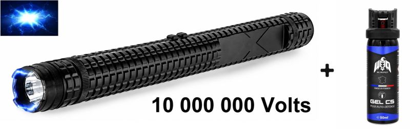 "Pack Défense" Matraque lampe Shocker PRAGA "Z8" 10 000 000 Volts - Bombe lacrymogène Gel CS WE PROTECT 50ml