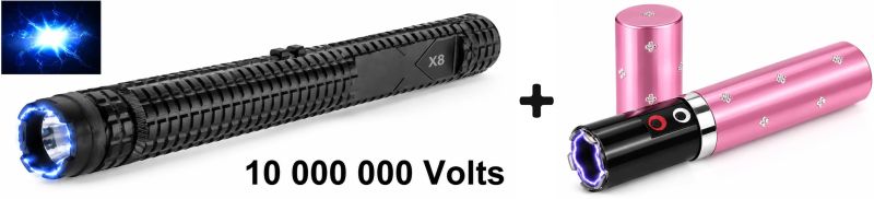 Matraque lampe Shocker UX "X8" 10 000 000 Volts (34.5 cm) - Taser LIPSTICK Rose UX 2 000 000 Volts avec lampe