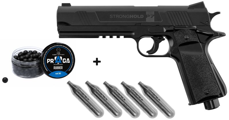 Pistolet 7 coups STRONGHOLD P7 cal.50 (11 joules) "Pack Défense Caoutchouc"