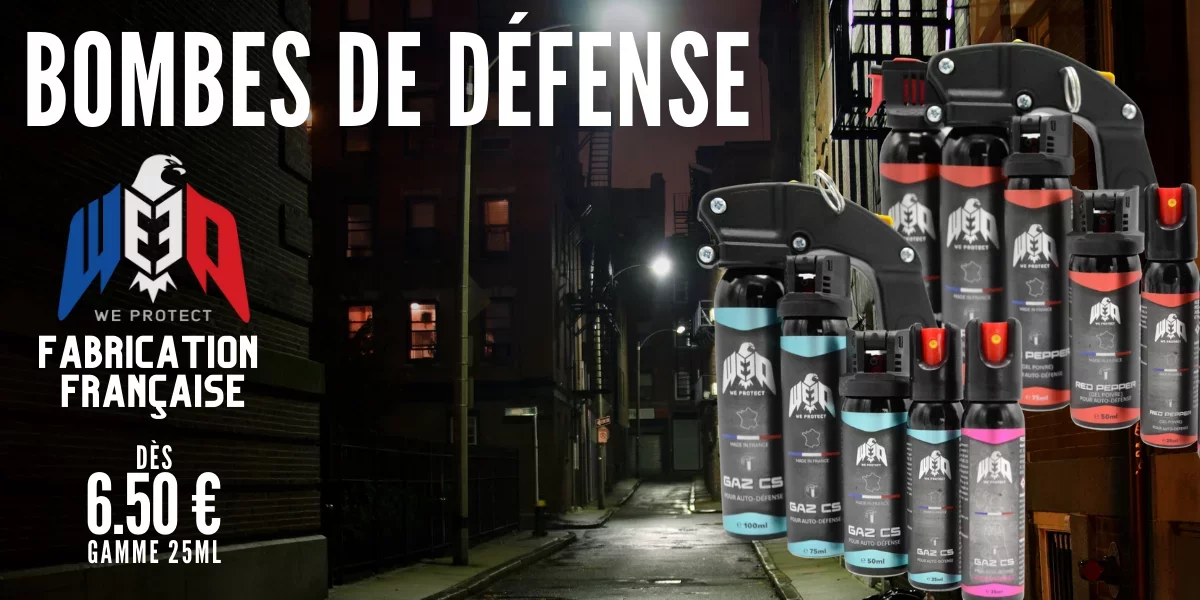 Bombes lacrymogènes GAZ - GEL - POIVRE CS fabriquée en France WE PROTECT 